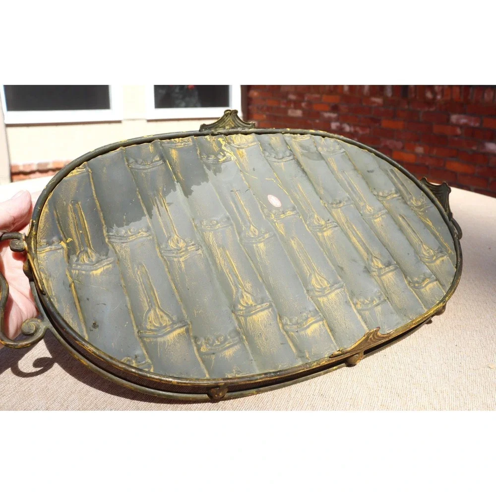 Vintage Bamboo Themed Tableware Metal Serving Tray and Ceramic Napkin Holder